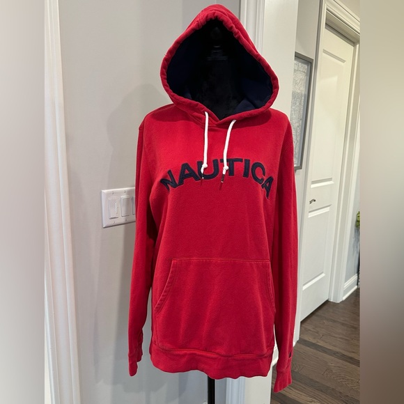 NAUTICA Red LOGO Pullover HOODIE Men’s Size Large Embroidered Kangaroo Pocket - Picture 1 of 11